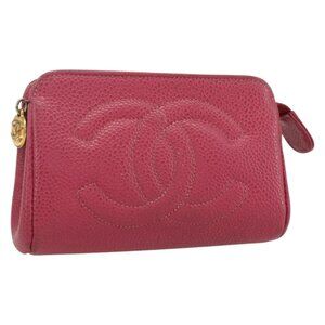 CHANEL Pouch Grained Calf Skin Pink Gold CC Auth bs31455